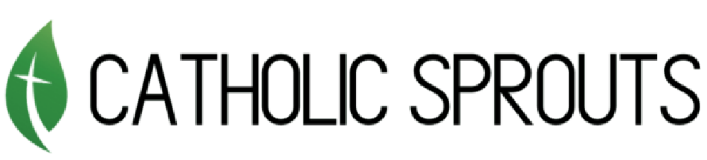 Catholic Sprouts logo with green leaf icon and black text on a white background