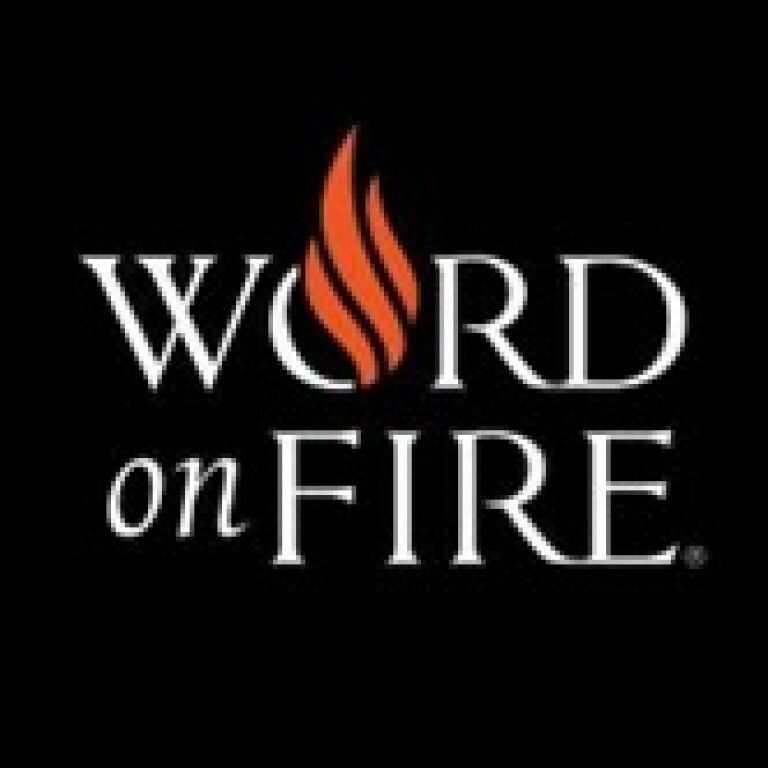 Word on Fire logo with white text and an orange flame on a black background