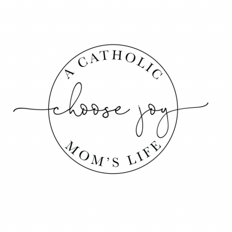 Circular black logo reading “A Catholic chose joy mom’s life” in elegant script on white background