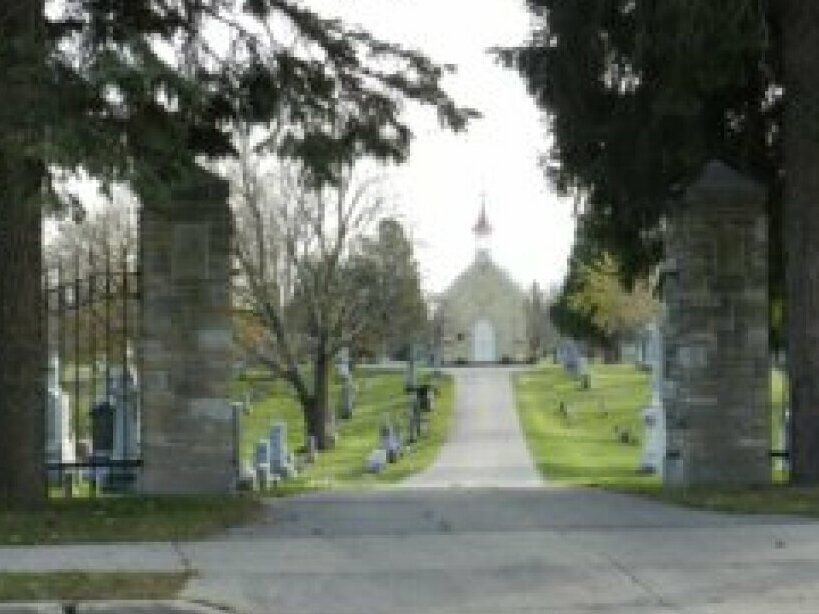 Tree-lined cemetery entrance with a paved road leading to a small chapel in the distance