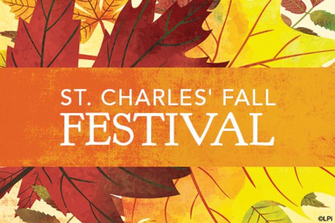 St. Charles Fall Festival text on orange banner with autumn leaves in red, yellow, and brown