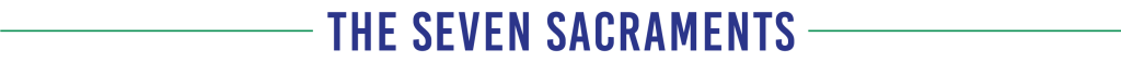 Banner reading “THE SEVEN SACRAMENTS” in blue text with green lines on a white background