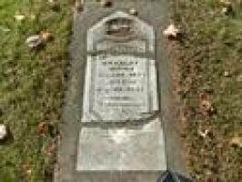 Gravestone plaque on a grassy lawn, with an arched top and engraved text.