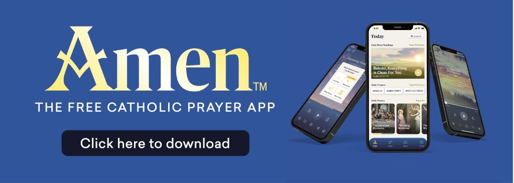 Amen app banner with phones and “Click here to download” button on a blue background