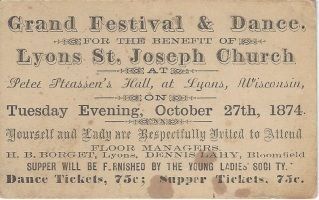 Vintage poster for grand festival and dance at Lyons St. Joseph Church, Tuesday evening, Oct. 27, 1874