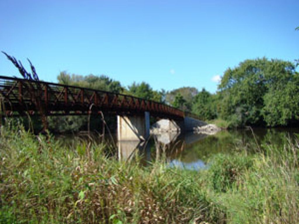 Rusty bridge over a calm river, framed by tall grasses and green trees under a clear blue sky