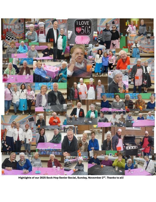 Collage of community event photos with people gathered around tables, flowers, gifts, and celebratory signs