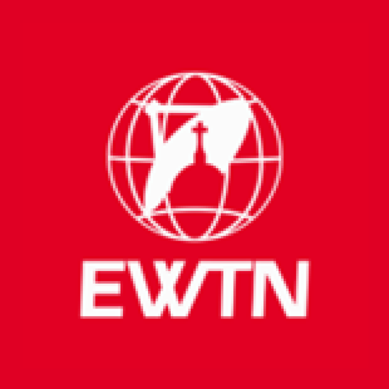 EWTN logo in white on a red background, with a globe and cross icon above the text