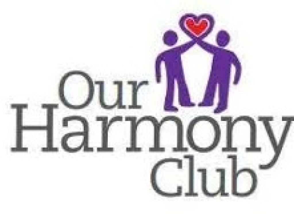 Our Harmony Club logo with two purple figures holding a red heart above the text