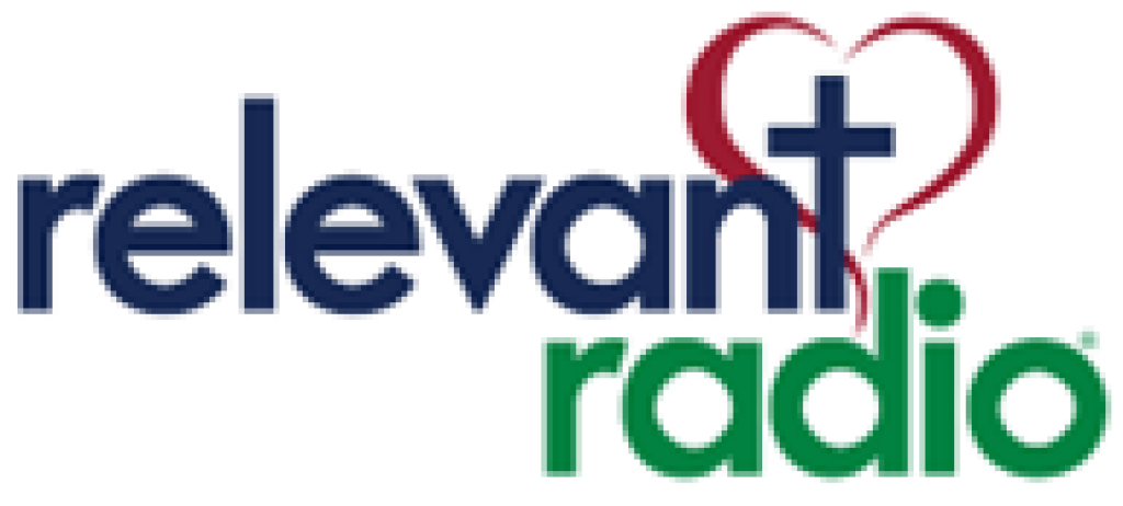Relevant Radio logo in navy, green, and red with a cross and heart icon.