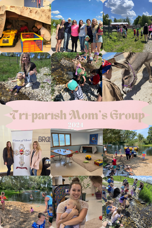 Collage of a parish moms group gardening, hiking, and socializing outdoors in a sunny community setting