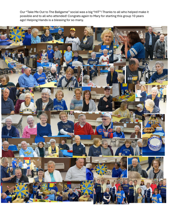 Collage of smiling people in blue shirts at a community celebration with trophies and balloons