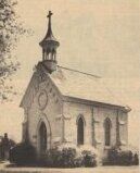 Sepia-toned sketch of a small church with steeple and arched windows