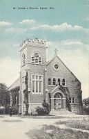 Vintage postcard of a stone church with arched entrance, tower, and cross on a quiet street under a cloudy sky