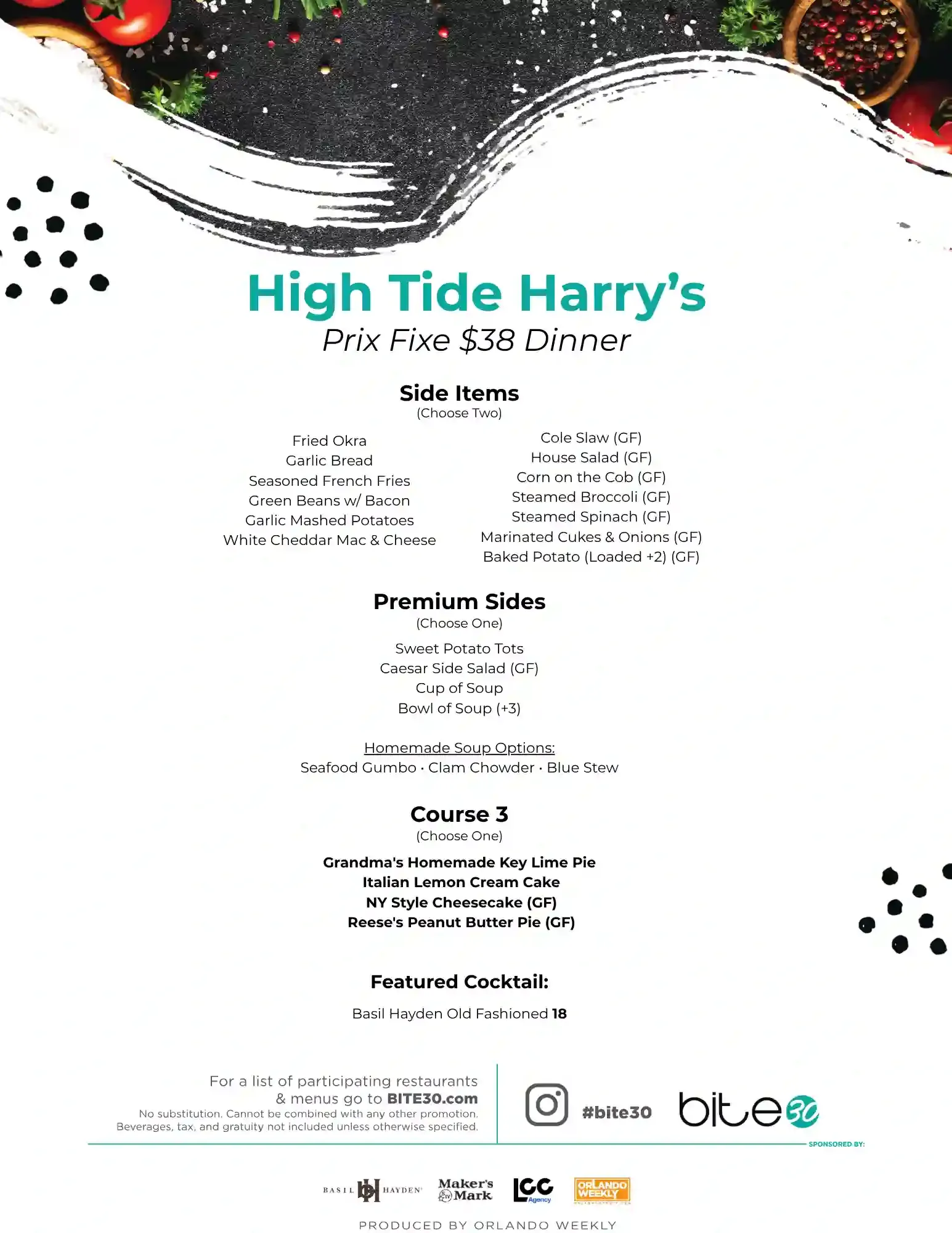 High Tide Harry’s Bite 30 2026 menu poster with white background, teal title, and seafood-themed border decorations.