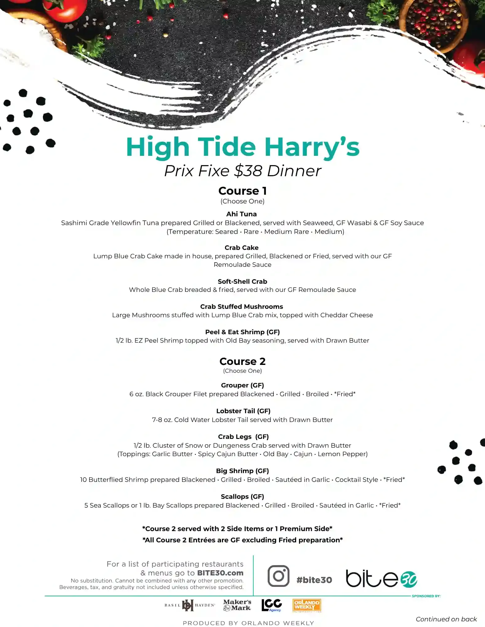 White event flyer for “High Tide Harry’s”  Bite 30 2026 Menu with colorful decorative top and a centered schedule/menu list.