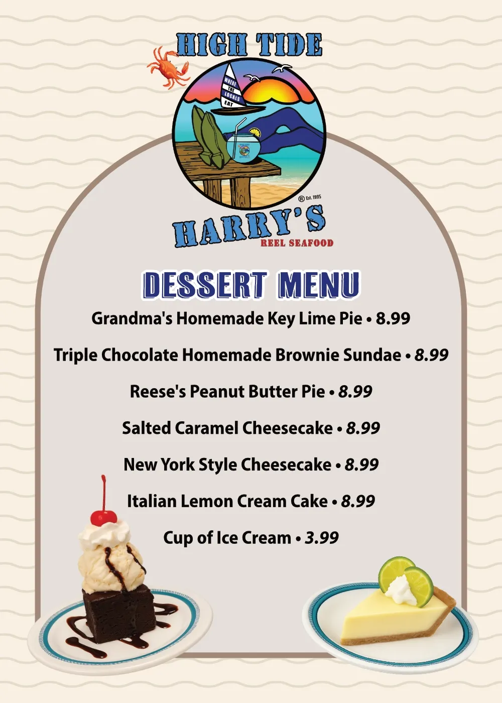 Menu with desserts from Harry's Surf restaurant, featuring key lime pie, brownie sundae, and cheesecake.