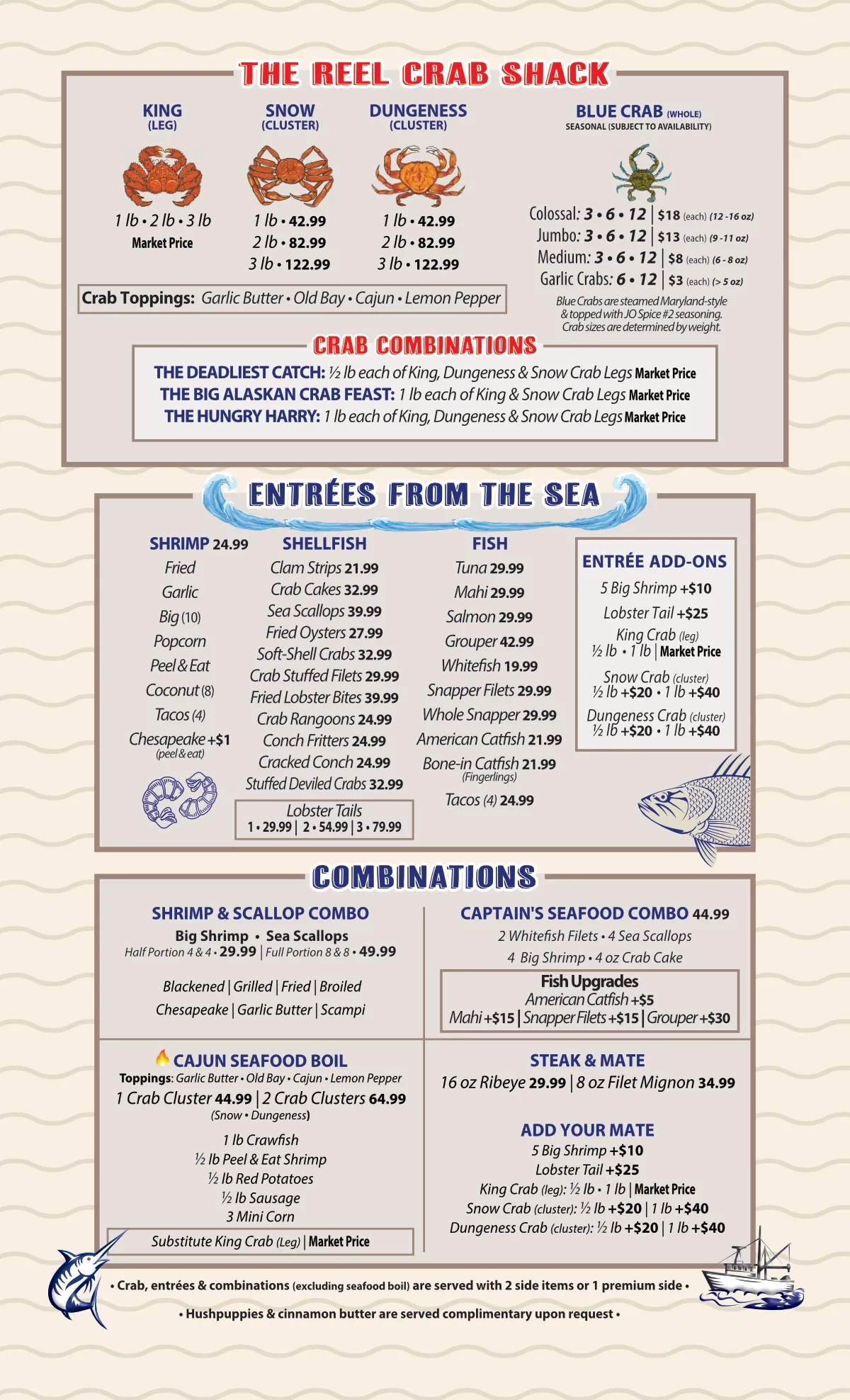 Menu for The Reel Crab Shack, featuring crab varieties, seafood dishes, and condiments.