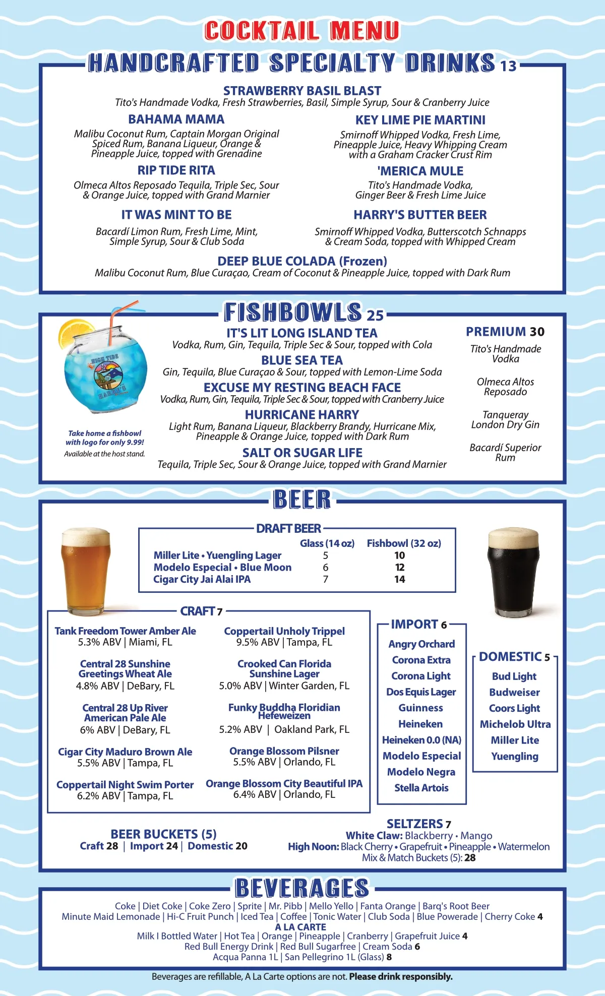 Cocktail menu with handcrafted drinks, bowls, beer, and beverages on a blue background.