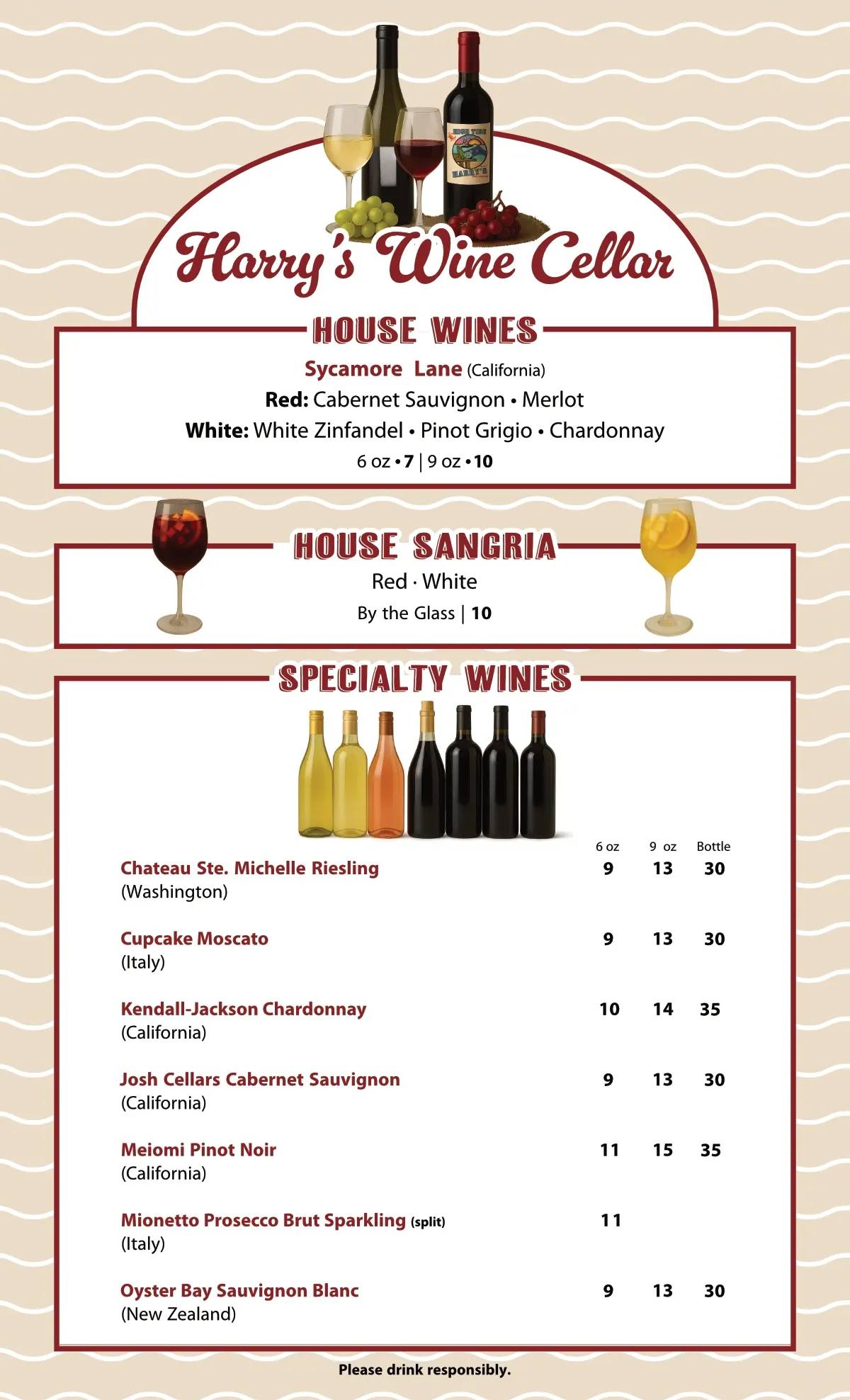Wine menu for Harry's Wine Cellar; includes house and special wines, and sangria; beverages and bottles.