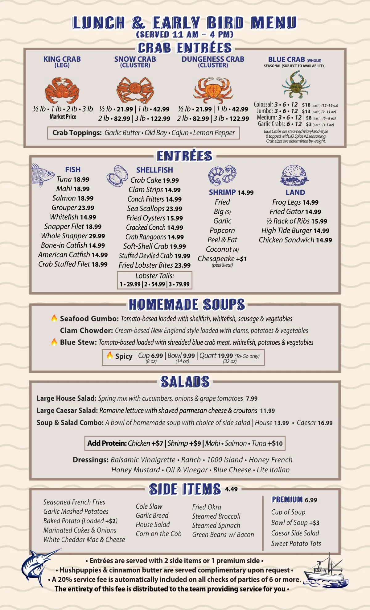 Lunch and early bird menu featuring seafood entrees, soups, salads, and more.
