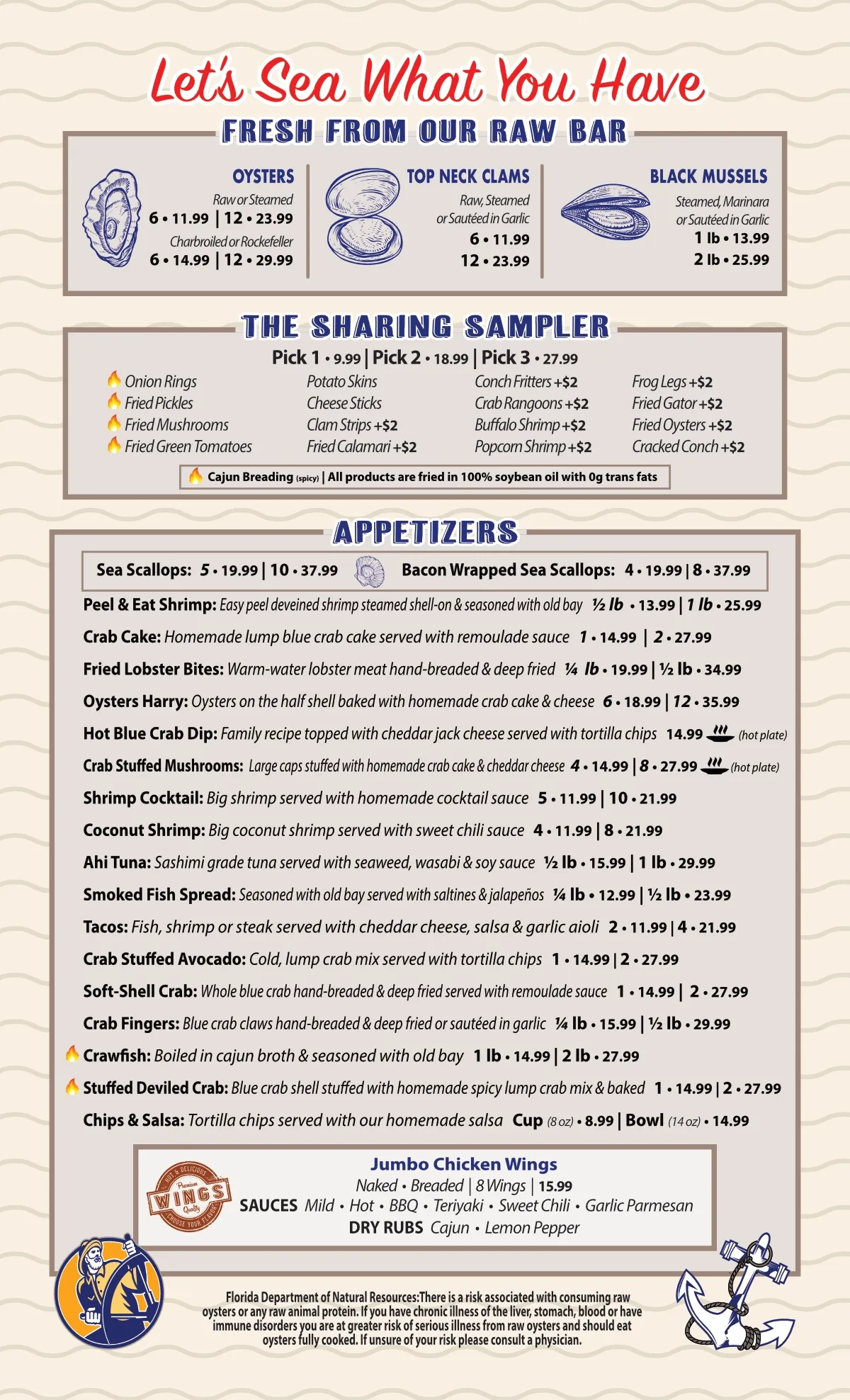 Menu with food categories: Raw Bar, Sharing Plates, and Appetizers.