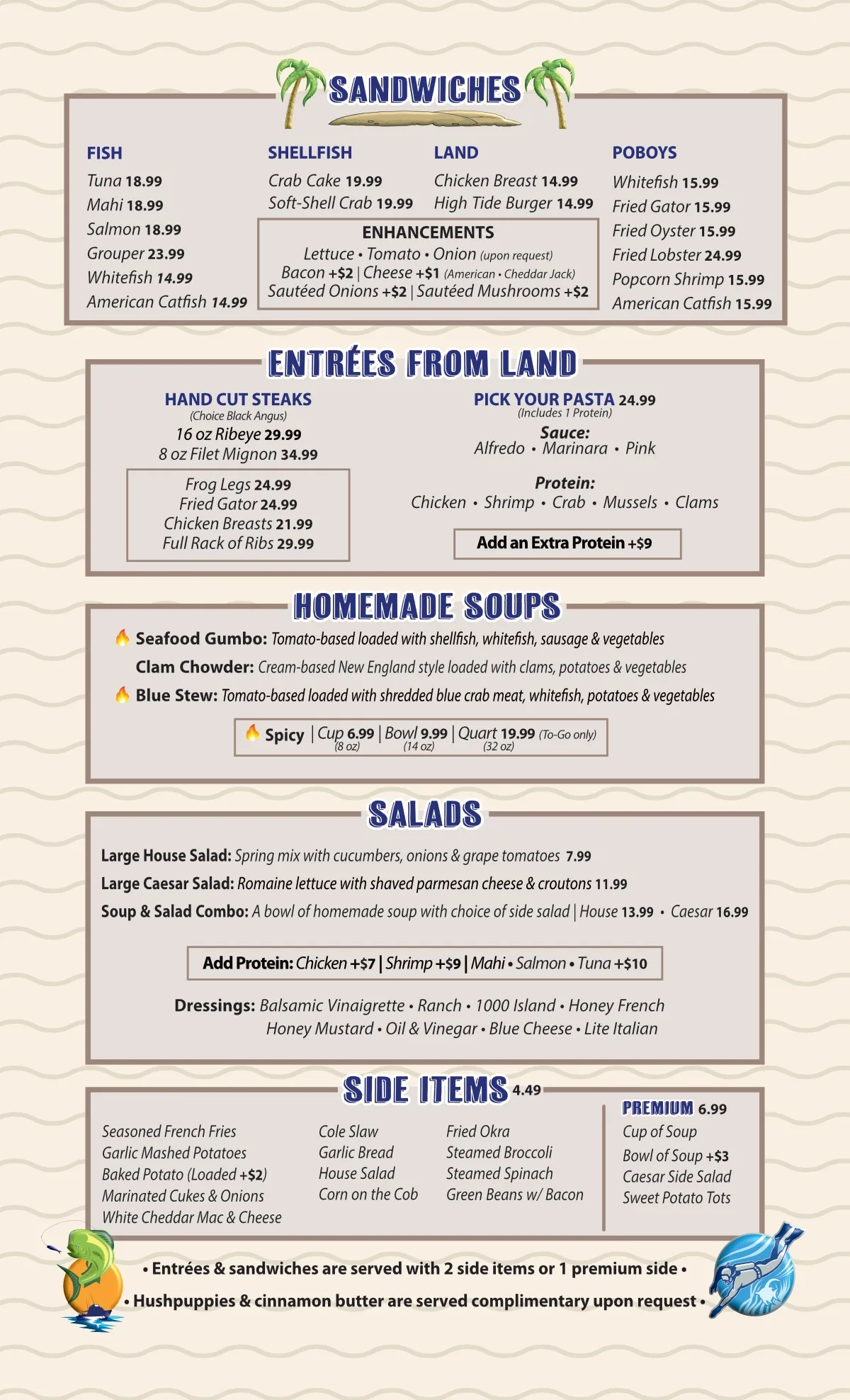 Menu: sandwiches, entrees, soups, salads, and sides on a turquoise background.