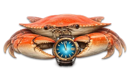 Red crab holding a wristwatch.