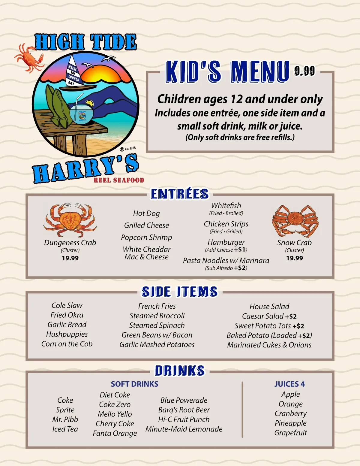 Kid's menu from Harry's Restaurant. Includes entrees, sides, and drinks. Colorful beach-themed logo at the top.