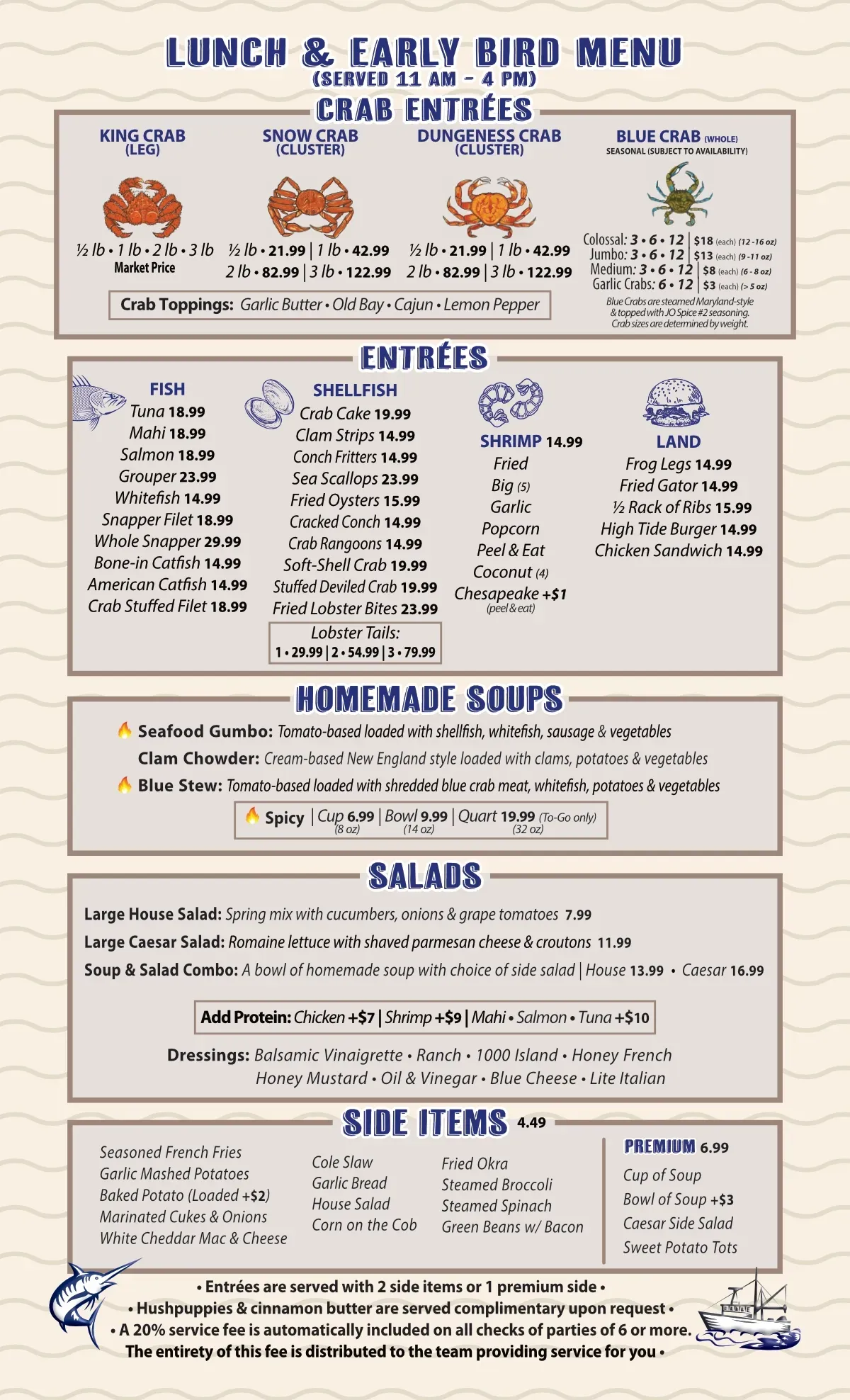 Menu with seafood illustrations, categories for Entrees, Soups, Salads, and Side items.