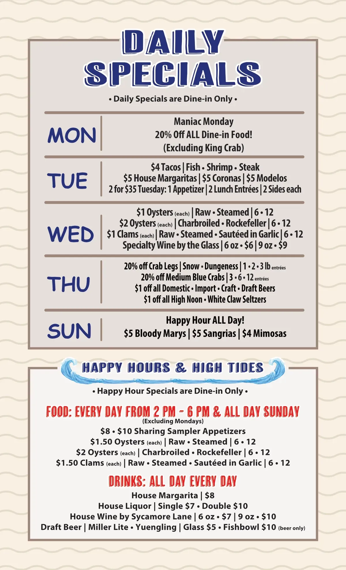 Daily specials menu listing food & drink deals by day, with happy hour details.