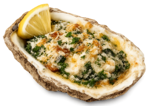 Baked oyster topped with herbs and breadcrumbs, garnished with a lemon wedge.