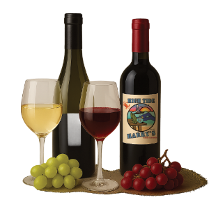 Wine bottles and glasses with grapes, on a rustic mat.