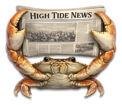 Crab holding a newspaper titled