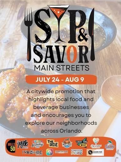 Syrp & Savor Main Streets food and beverage promotion poster, July 24–Aug 9, with utensil and cocktail graphics