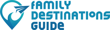 Logo for Family Destinations Guide with a blue pin graphic and text.