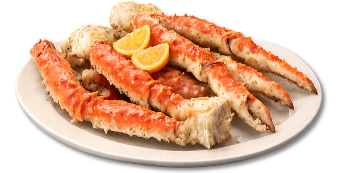 Plate of cooked king crab legs with lemon slices.