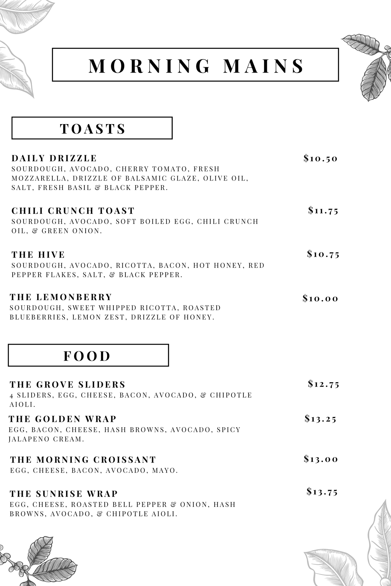 Morning menu with toasts and food options listed.