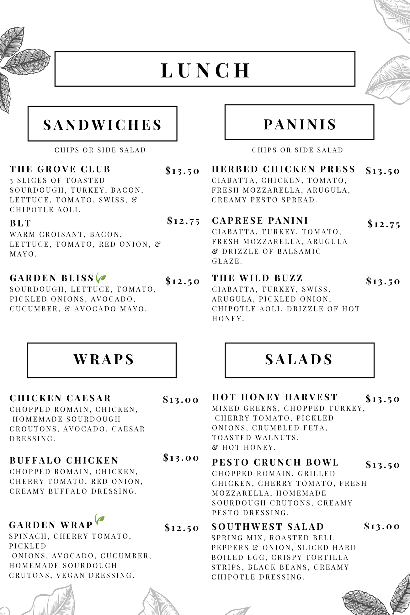 Lunch menu with sandwiches, paninis, wraps, and salads listed.