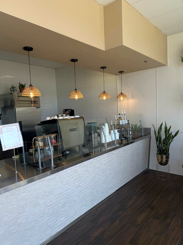 Coffee shop counter with espresso machine, pendant lights, and plant.