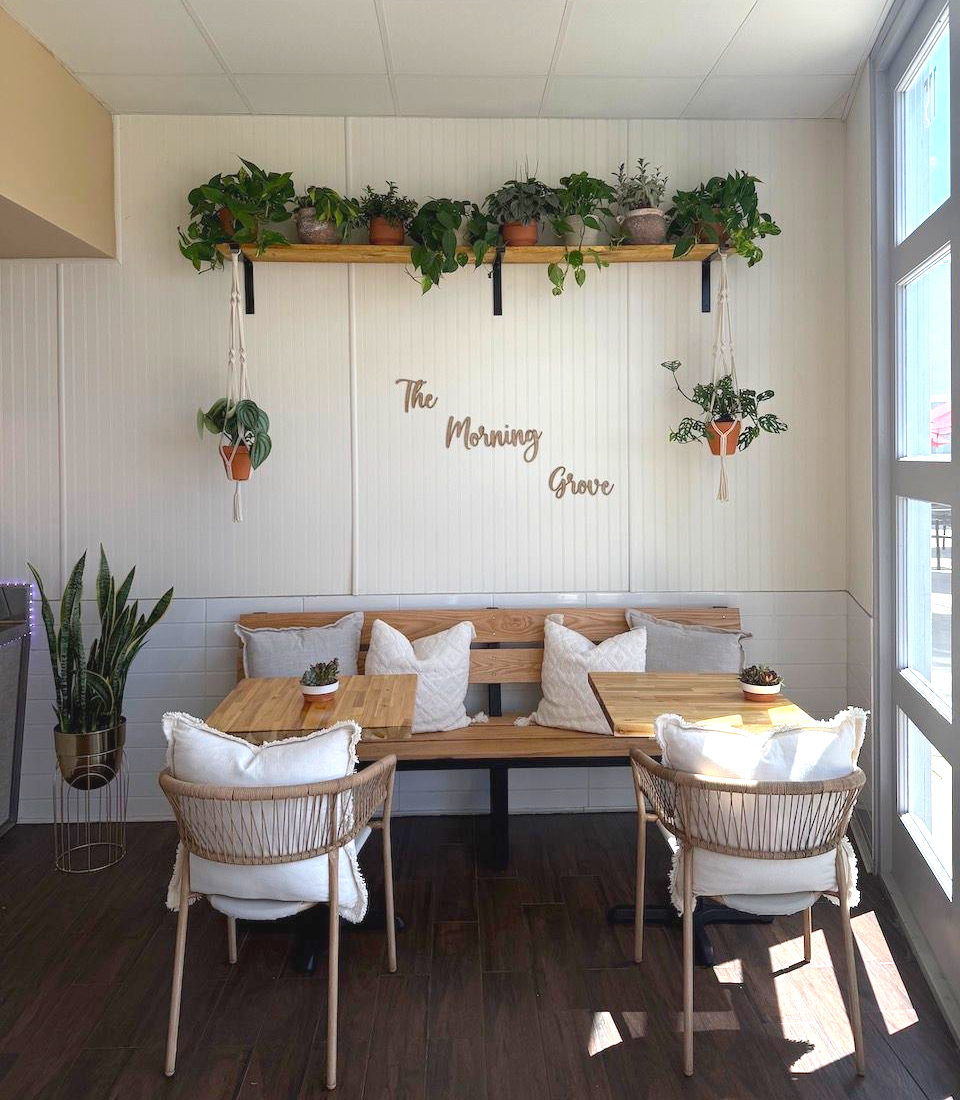 Cafe interior: white walls, wooden furniture, hanging plants, 