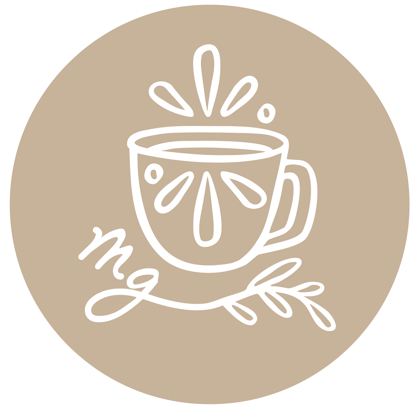 White line art of a teacup with splashes, 