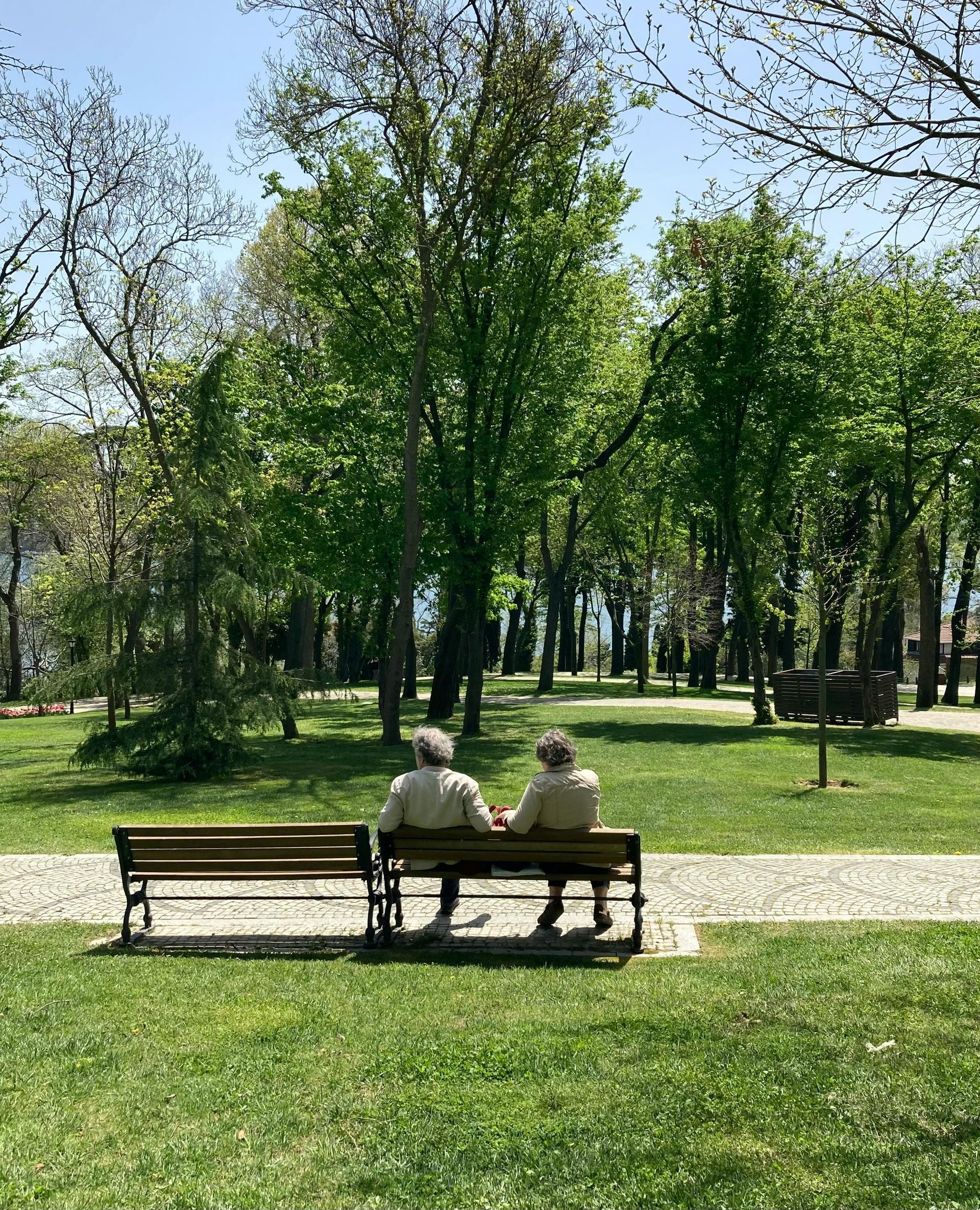 Couple sitting on a bench surrounded by trees, an idea of what to do with your partner in Bogotá.