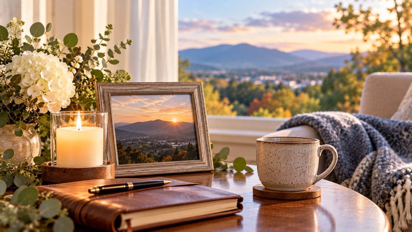 A candle, white flowers and mountain views create comfort for Roanoke, VA cremations with care