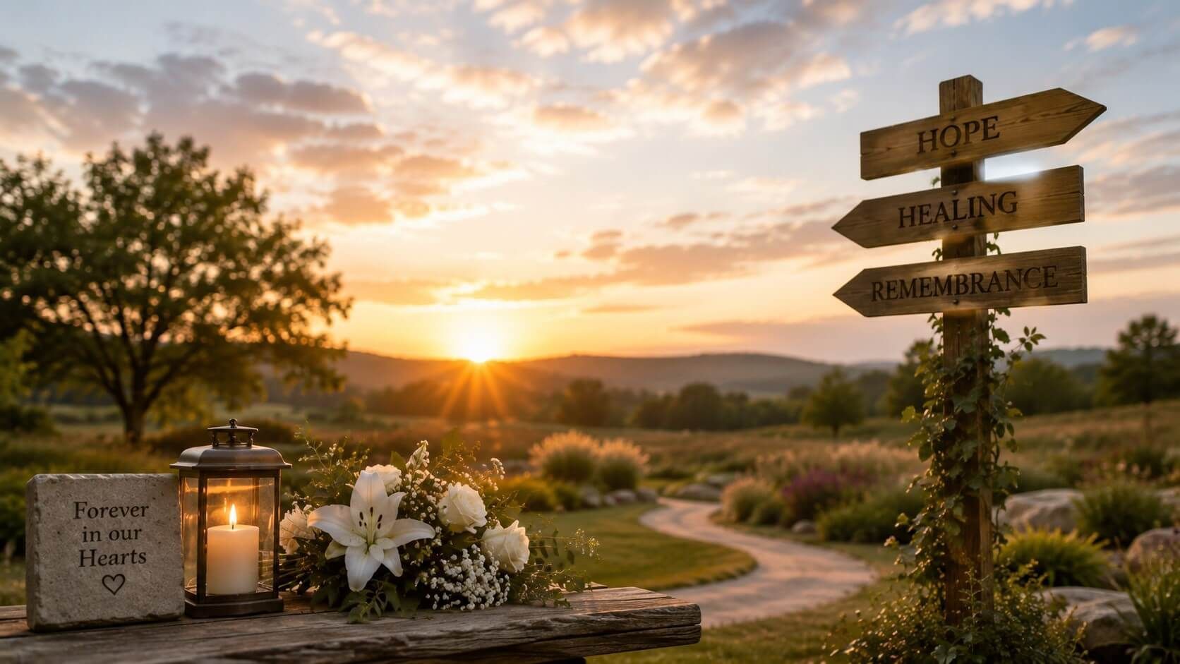 A glowing sunset, memorial flowers, and signs of hope reflect the comfort offered in Roanoke, VA