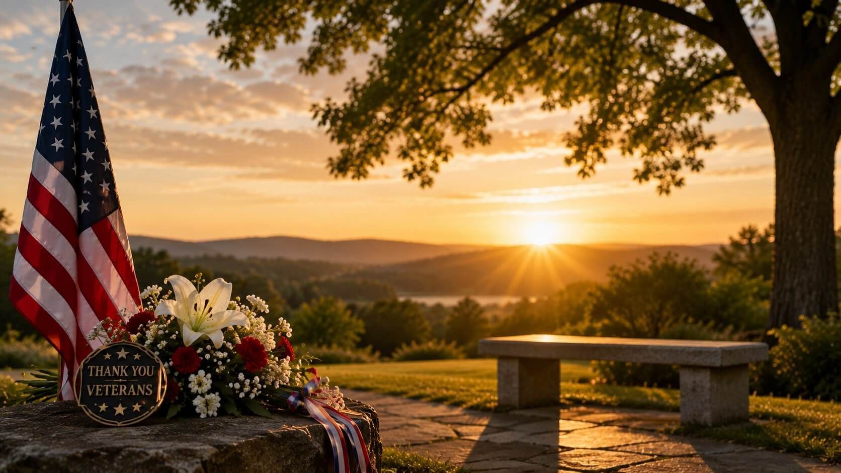 American flag, patriotic flowers, and a peaceful sunset honor veterans with Roanoke, VA cremations