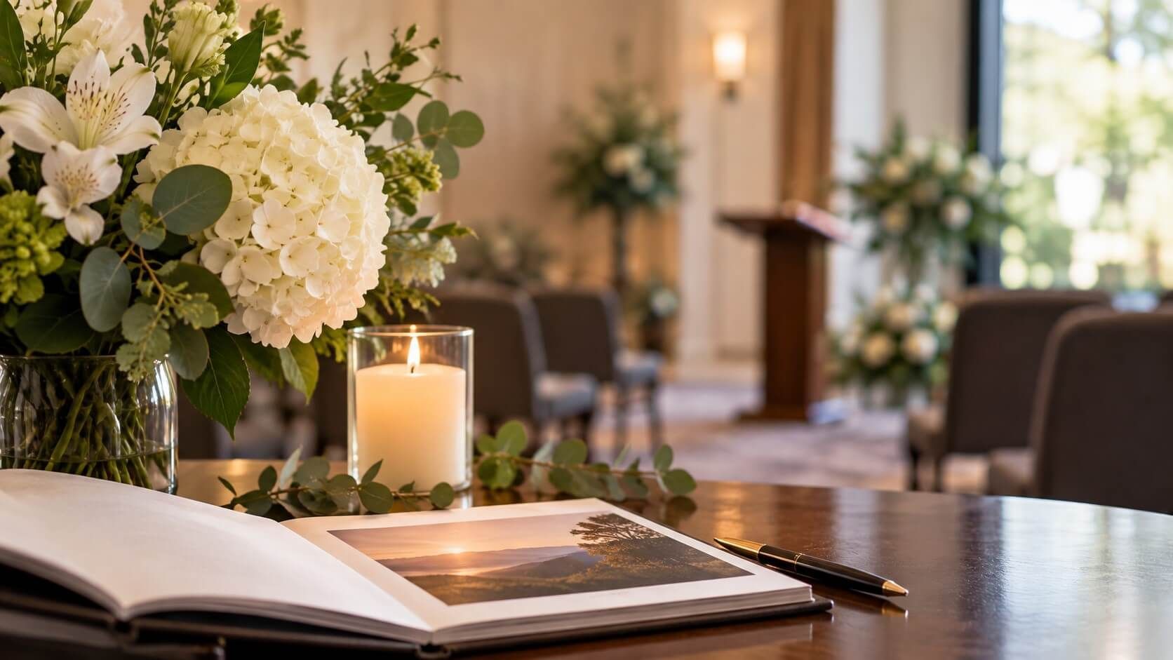 Flowers, a candle, and a memory book create a peaceful setting for Roanoke, VA funeral services