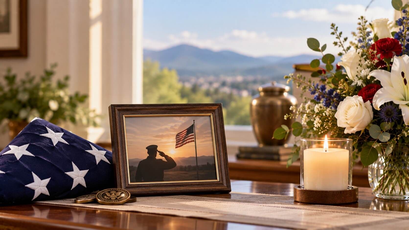 A folded flag, veteran photo, candle, and flowers honor service with Roanoke, VA cremation services