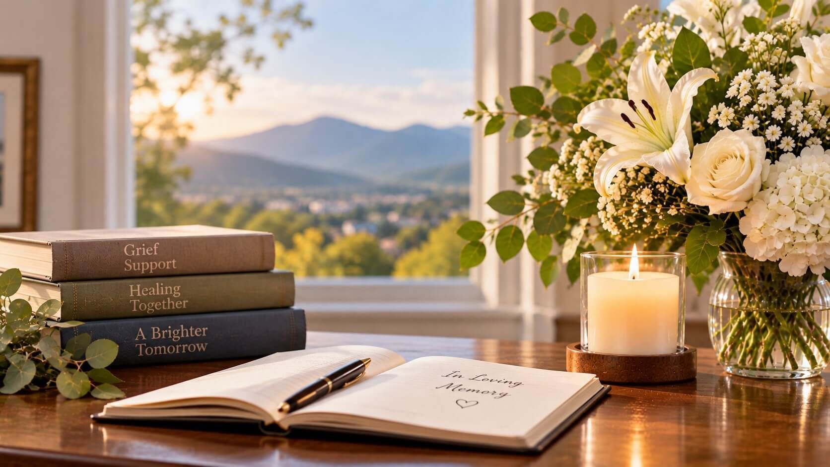 Grief support books, flowers, and a candle provide comfort through Roanoke, VA funeral services