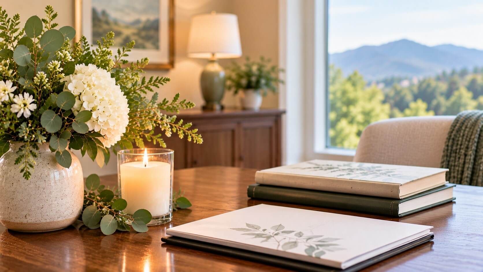 Soft flowers, a glowing candle, and keepsake books bring calm reflection to Roanoke, VA cremations